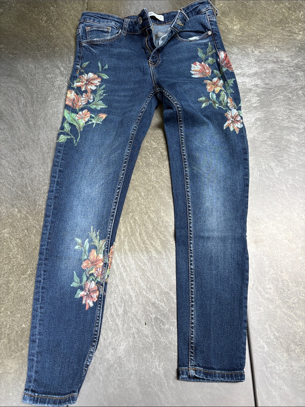 Zara Dark Blue Skinny Jeans with Floral Embroidery